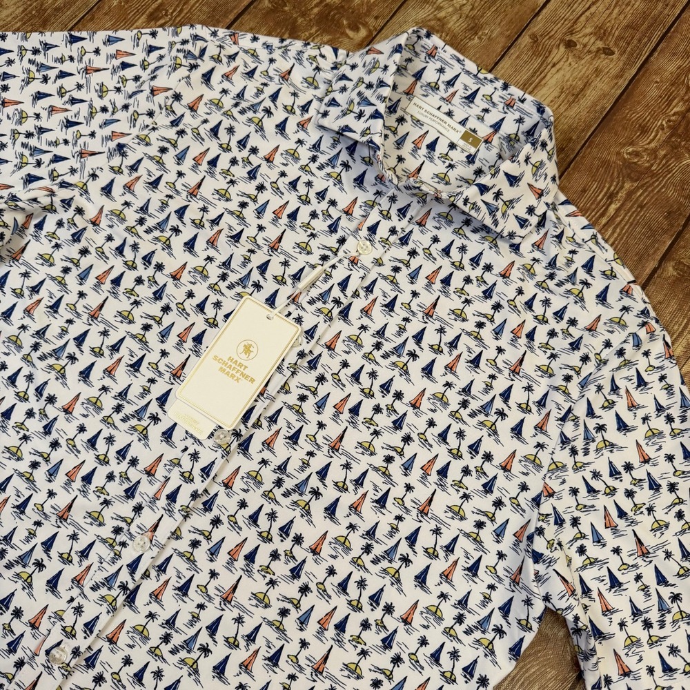 Hart Schaffner Marx Luxury Performance Shirt Mens Small White Sailboat Nautical